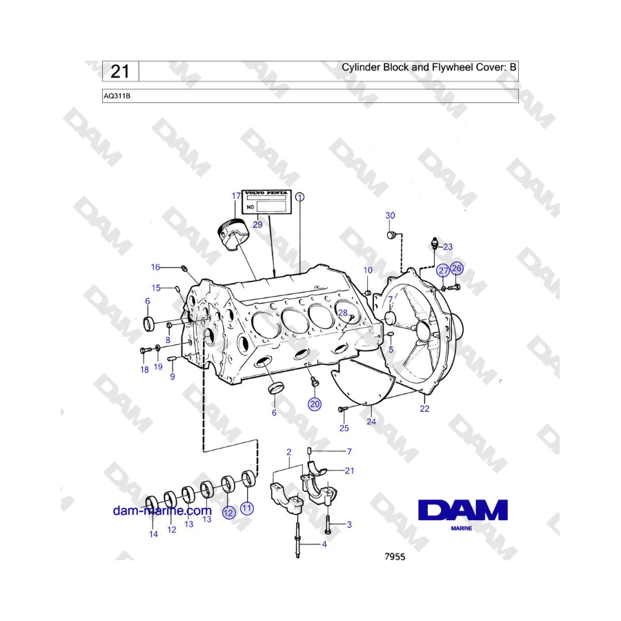 Volvo Penta AQ311B - Cylinder Block and Flywheel Cover: B