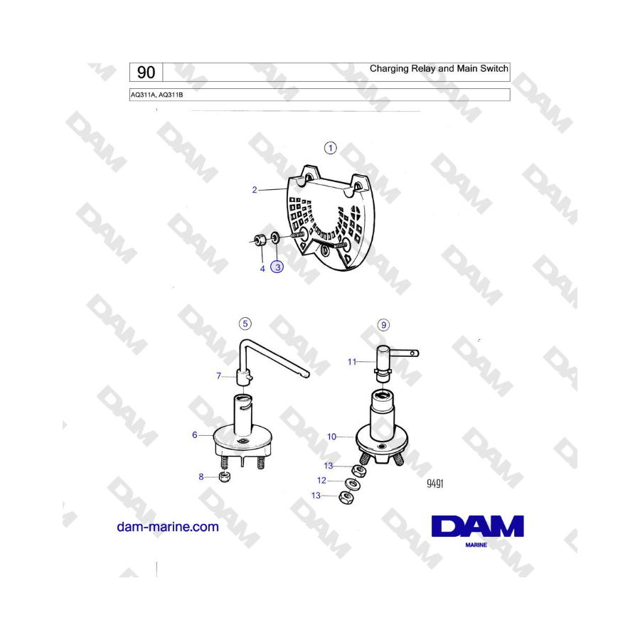 Volvo Penta AQ311A, AQ311B - Charging Relay and Main Switch 