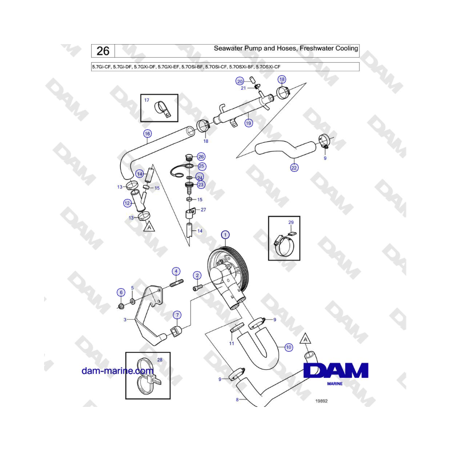 Volvo Penta 5.7L GI-C / 5.7L GI-D - Seawater Pump and Hoses, Freshwater Cooling