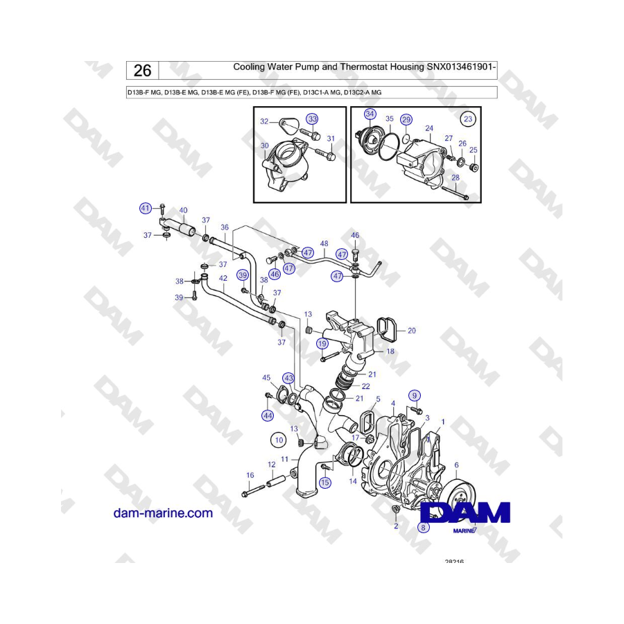 Volvo Penta D13B - Cooling Water Pump and Thermostat Housing