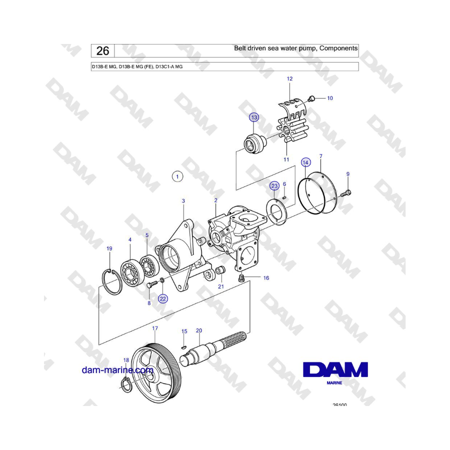 Volvo Penta D13B - Belt driven sea water pump, Components