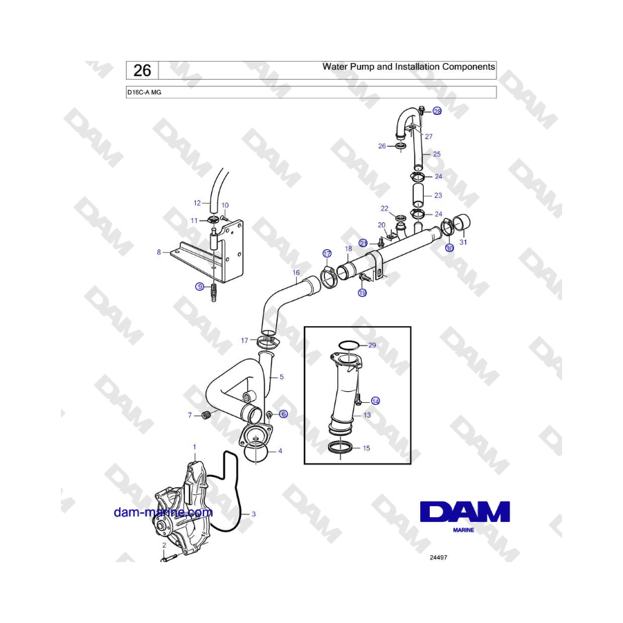 Volvo Penta D16C-A MG - Water Pump and Installation Components