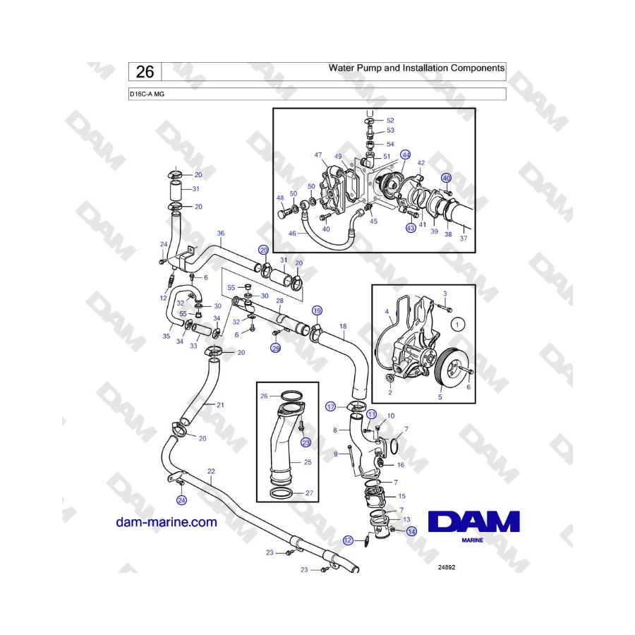 Volvo Penta D16C-A MG - Water Pump and Installation Components