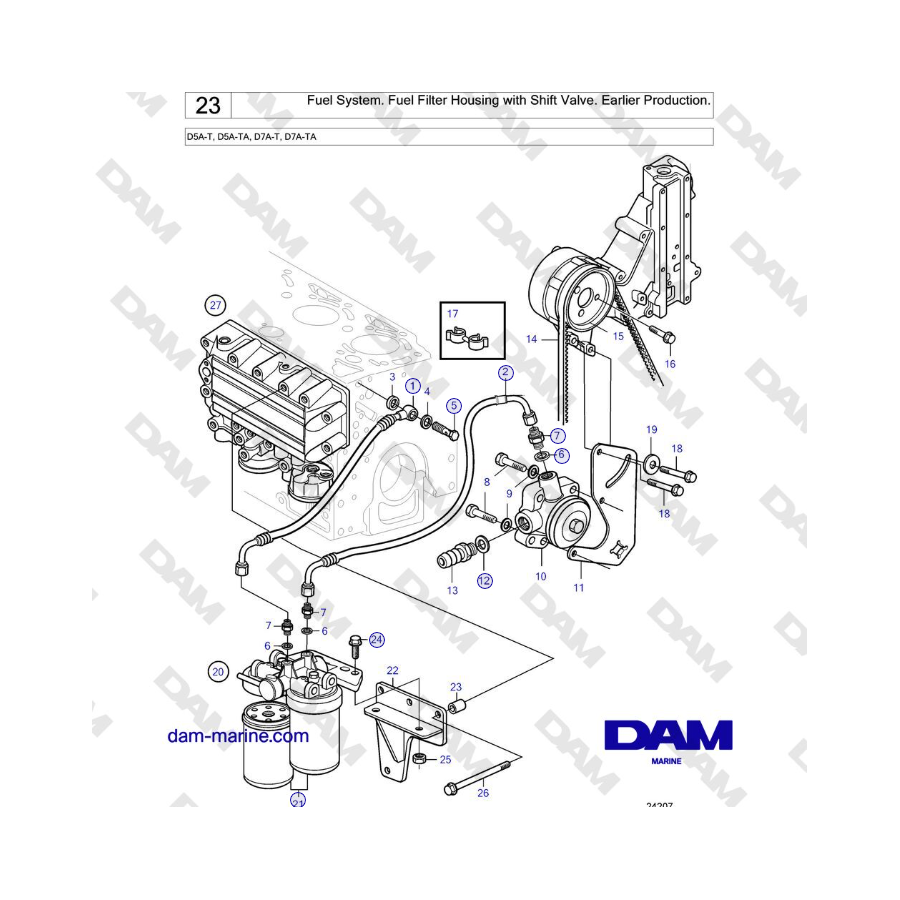 Volvo Penta D5A-T, D5A-TA, D7A-T, D7A-TA - Fuel System. Fuel Filter Housing with Shift Valve. Earlier Production