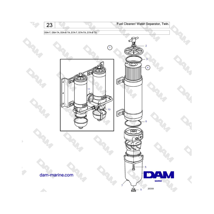 Volvo Penta D5A-T, D5A-TA, D5A-B TA, D7A-T, D7A-TA, D7A-B TA - Fuel Cleaner/ Water Separator, Twin