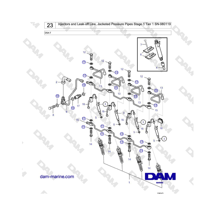 Volvo Penta D5A-T - Injectors and Leak-off Line, Jacketed Pressure Pipes