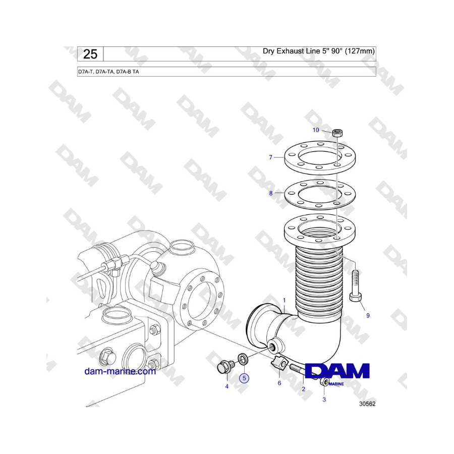 Volvo Penta D7A-T, D7A-TA, D7A-B TA - Dry Exhaust Line 5'' 90° (127mm)