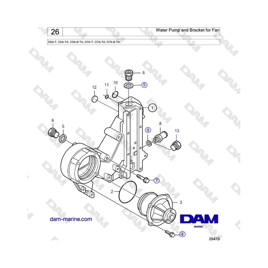 Volvo Penta D5A-T, D5A-TA, D5A-B TA, D7A-T, D7A-TA, D7A-B TA - Water Pump and Bracket for Fan