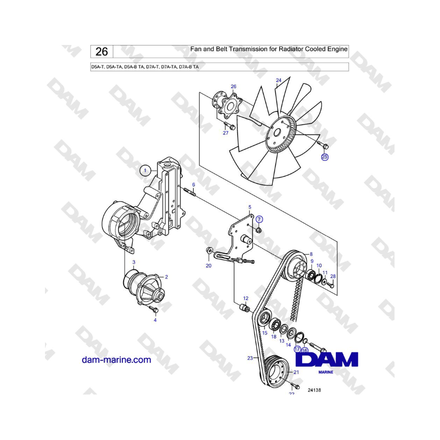 Volvo Penta D5A-T, D5A-TA, D5A-B TA, D7A-T, D7A-TA, D7A-B TA - Fan and Belt Transmission for Radiator Cooled Engine 