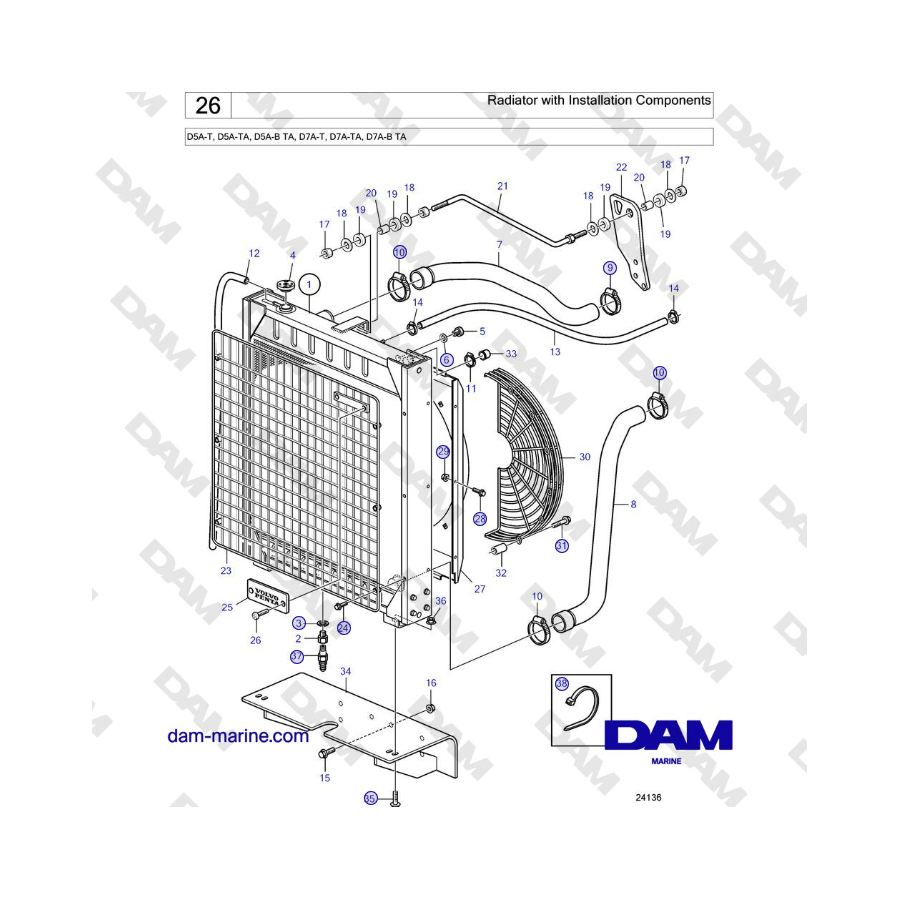 Volvo Penta D5A-T, D5A-TA, D5A-B TA, D7A-T, D7A-TA, D7A-B TA - Radiator with Installation Components