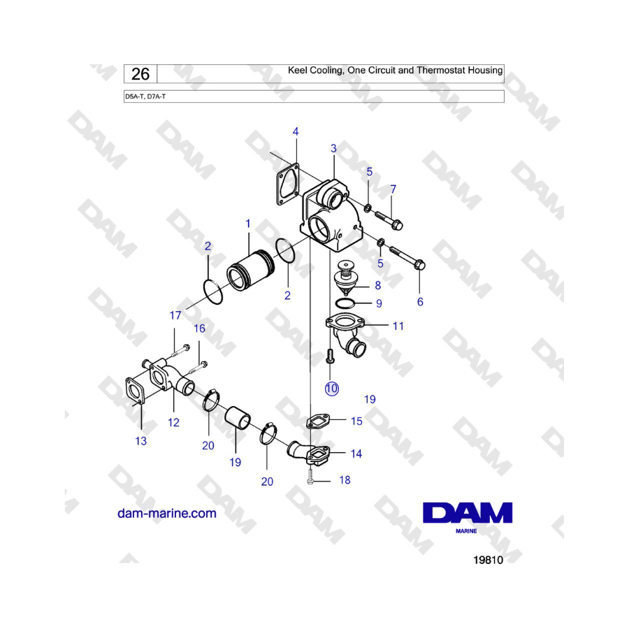 Volvo Penta D5A-T, D7A-T - Keel Cooling, One Circuit and Thermostat Housing