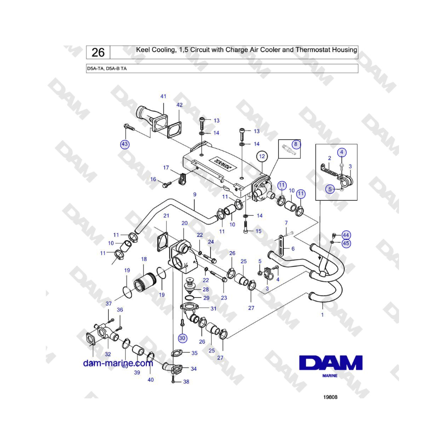 Volvo Penta D5A-TA, D5A-B TA - Keel Cooling, 1,5 Circuit with Charge Air Cooler and Thermostat Housing