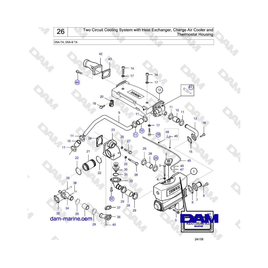 Volvo Penta D5A-TA, D5A-B TA - Two Circuit Cooling System with Heat Exchanger, Charge Air Cooler and Thermostat Housing