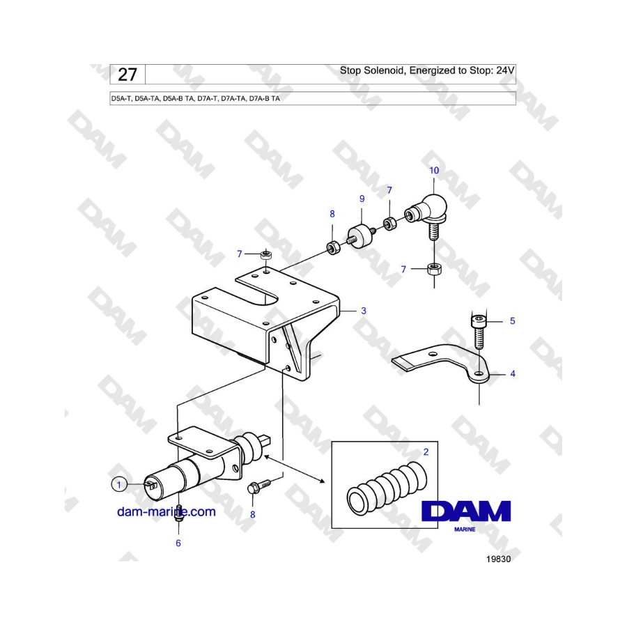 Volvo Penta D5A-T, D5A-TA, D5A-B TA, D7A-T, D7A-TA, D7A-B TA - Stop Solenoid, Energized to Stop: 24V 