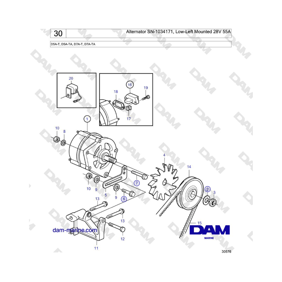 Volvo Penta D5A-T, D5A-TA, D7A-T, D7A-TA - Alternator SN-1034171, Low-Left Mounted 28V 55A