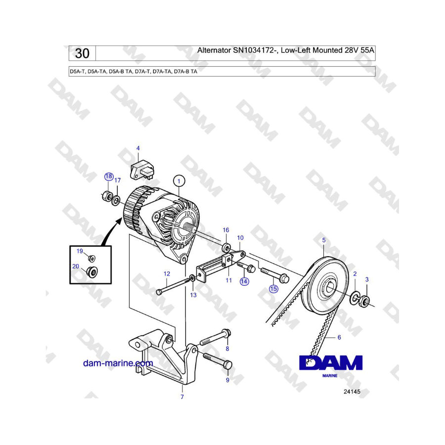 Volvo Penta D5A-T, D5A-TA, D5A-B TA, D7A-T, D7A-TA, D7A-B TA - Alternator SN1034172-, Low-Left Mounted 28V 55A