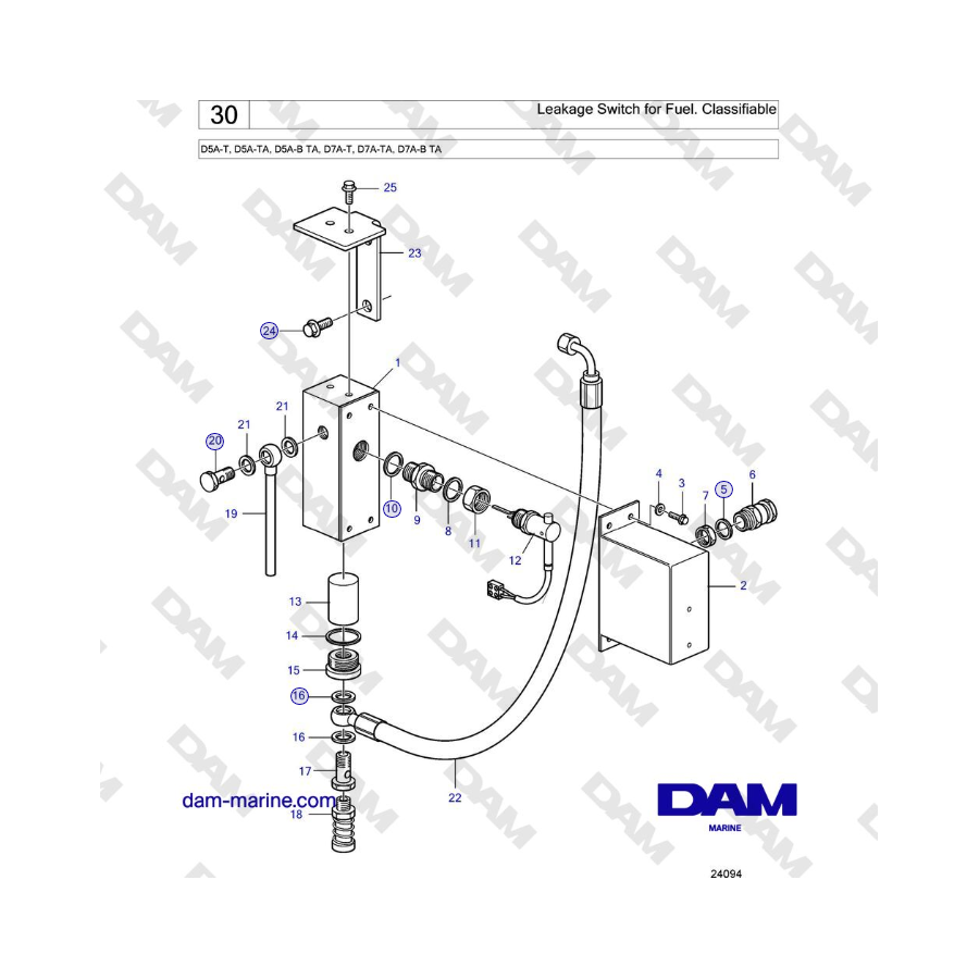 Volvo Penta D5A-T, D5A-TA, D5A-B TA, D7A-T, D7A-TA, D7A-B TA - Leakage Switch for Fuel. Classifiable