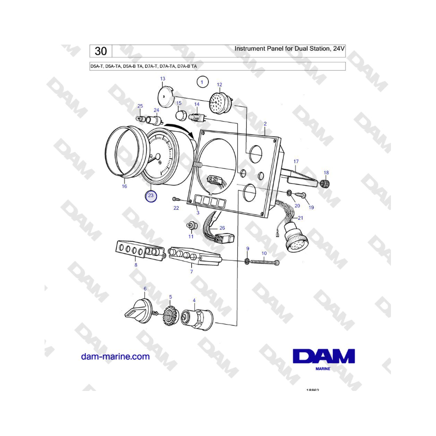 Volvo Penta D5A-T, D5A-TA, D5A-B TA, D7A-T, D7A-TA, D7A-B TA - Instrument Panel for Dual Station, 24V