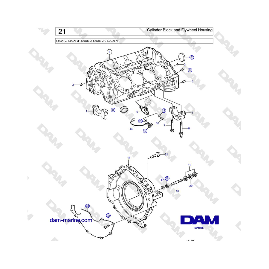 Volvo Penta 5.0GXi-J, 5.0GXi-JF, 5.0OSi-J, 5.0OSi-JF, 5.0GXi-N - Cylinder Block and Flywheel Housing