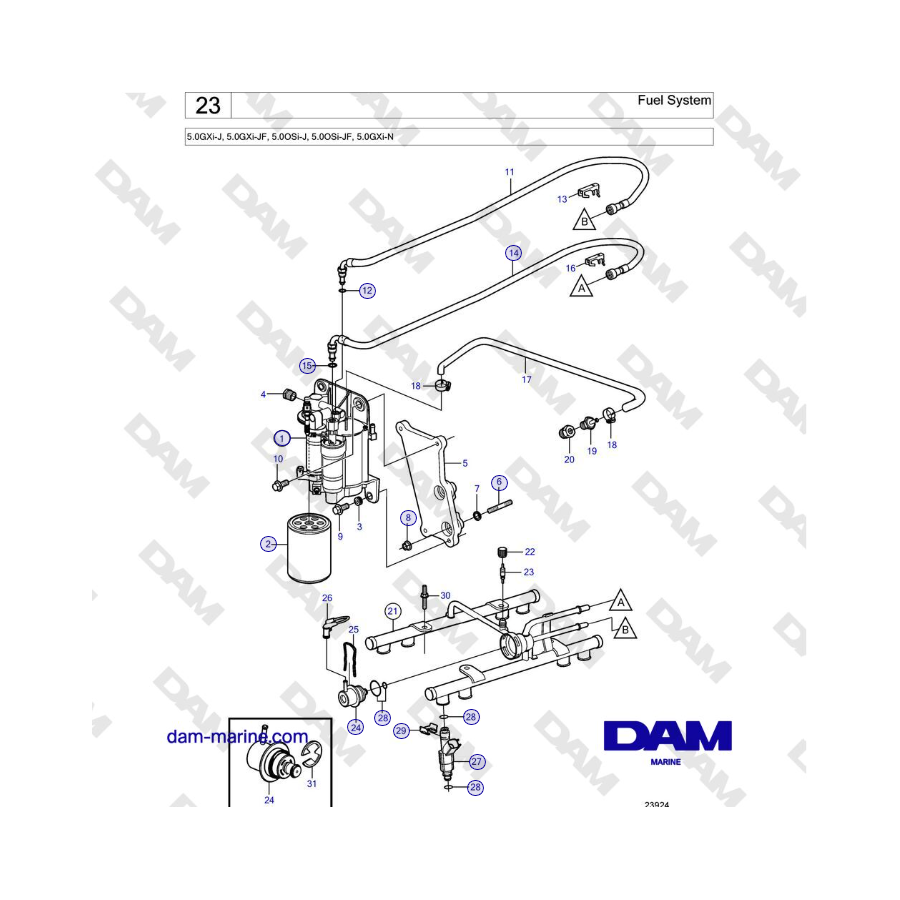 Volvo Penta 5.0GXi-J, 5.0GXi-JF, 5.0OSi-J, 5.0OSi-JF, 5.0GXi-N - Fuel System