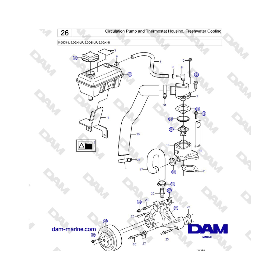 Volvo Penta 5.0GXi-J, 5.0GXi-JF, 5.0OSi-JF, 5.0GXi-N - Circulation Pump and Thermostat Housing, Freshwater Cooling 