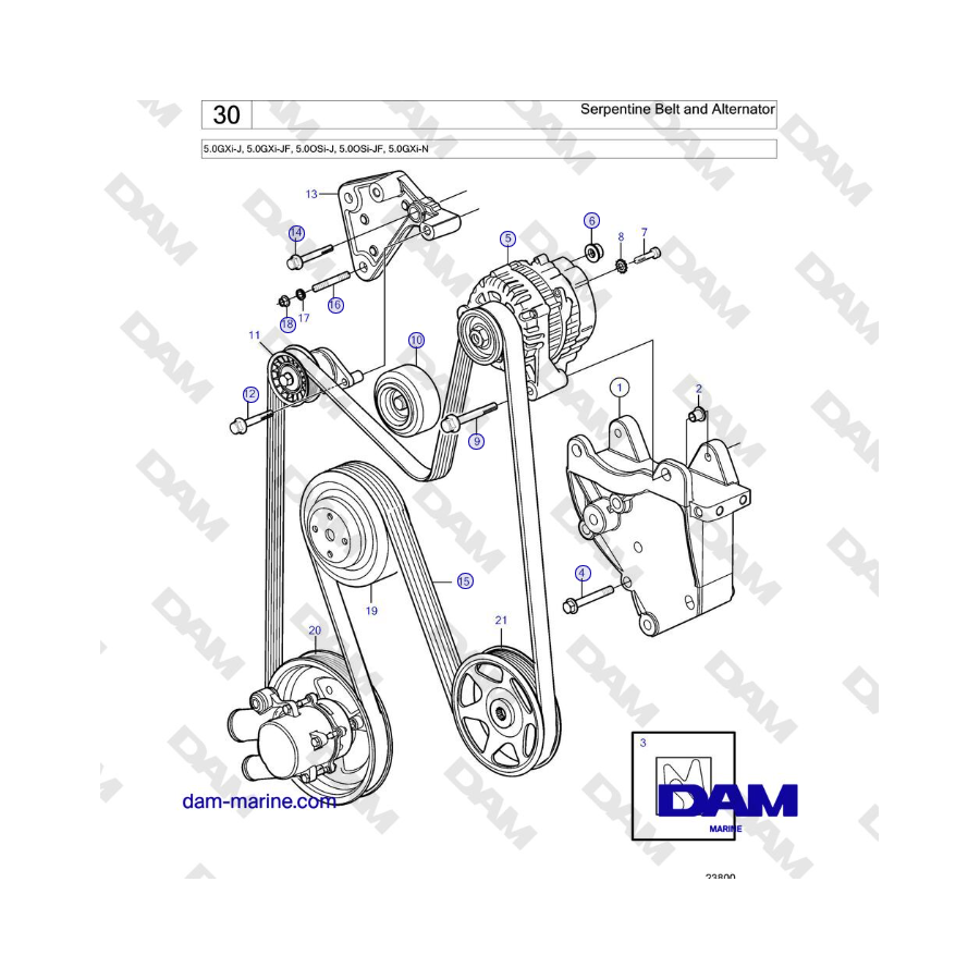 Volvo Penta 5.0GXi-J, 5.0GXi-JF, 5.0OSi-J, 5.0OSi-JF, 5.0GXi-N - Serpentine Belt and Alternator