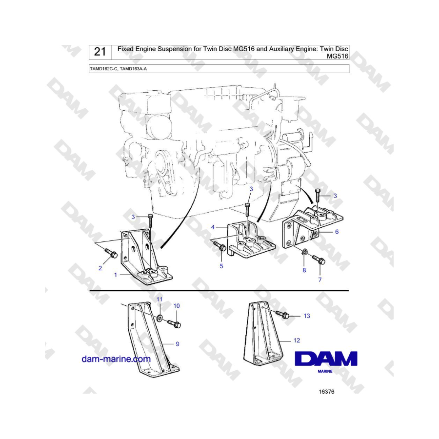 Volvo Penta TAMD162C-C, TAMD163A-A - Fixed Engine Suspension for Twin Disc MG516 and Auxiliary Engine: Twin Disc MG516