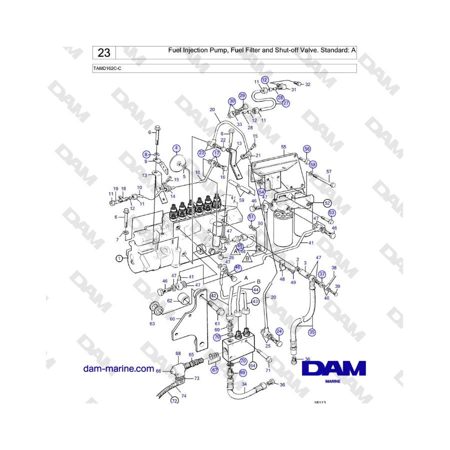 Volvo Penta TAMD162C-C - Fuel Injection Pump, Fuel Filter and Shut-off Valve. Standard: A