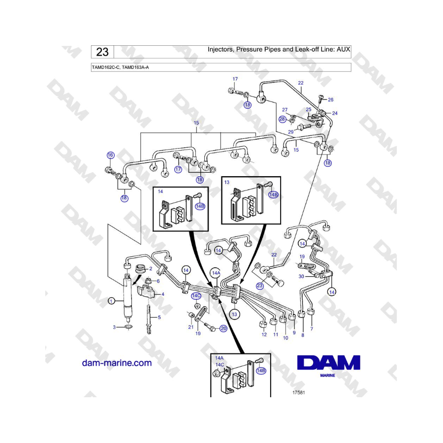 Volvo Penta TAMD162C-C, TAMD163A-A - Injectors, Pressure Pipes and Leak-off Line: AUX