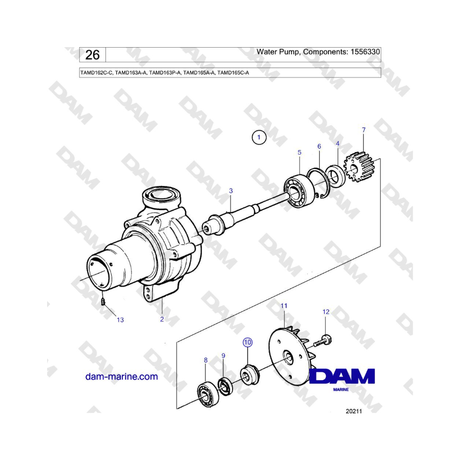 Volvo Penta TAMD162C-C, TAMD163A-A, TAMD163P-A, TAMD165A-A, TAMD165C-A - Water Pump, Components: 1556330