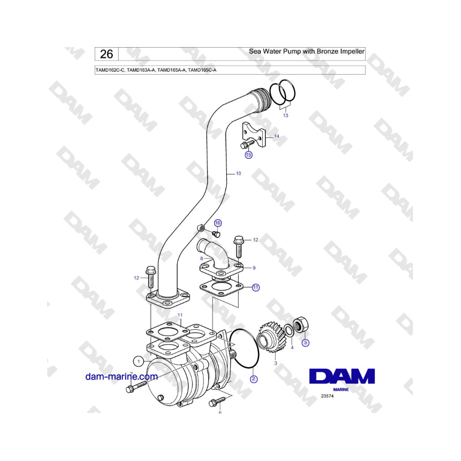 Volvo Penta TAMD162C-C, TAMD163A-A, TAMD165A-A, TAMD165C-A - Sea Water Pump with Bronze Impeller 