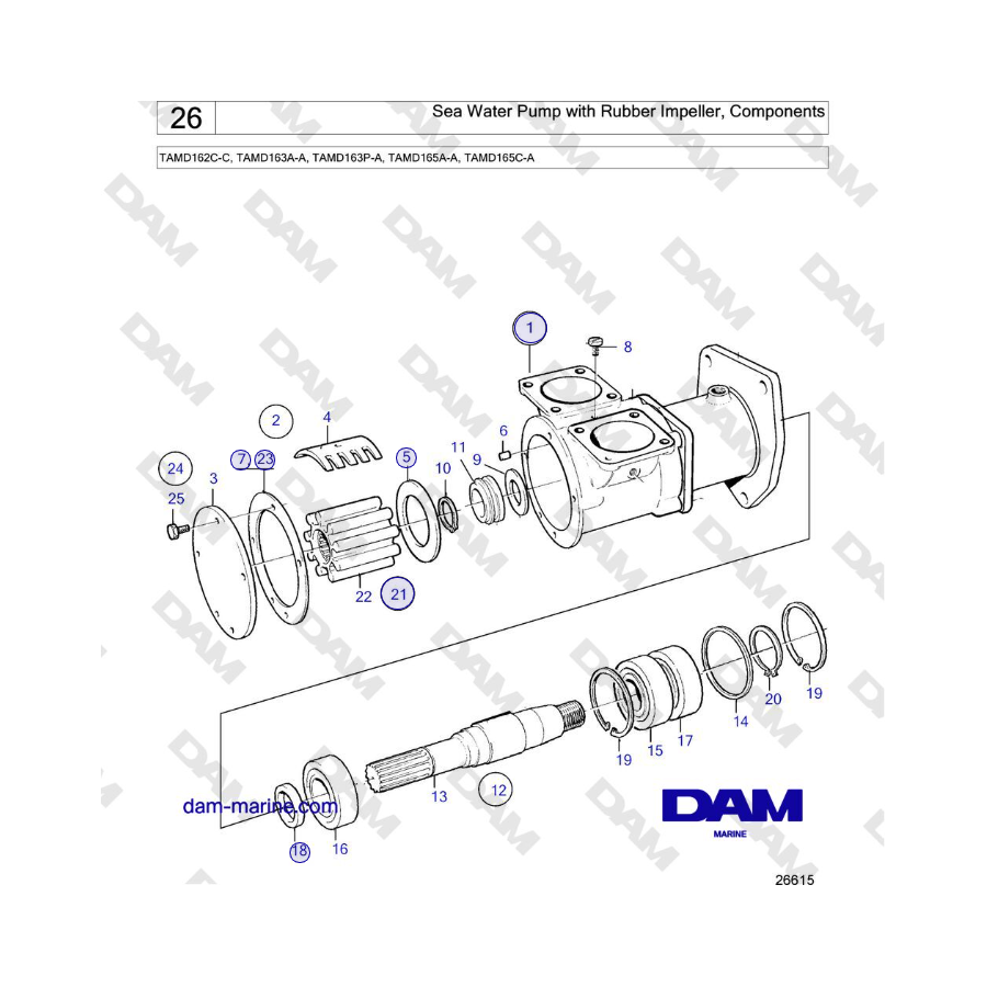 Volvo Penta TAMD162C-C, TAMD163A-A, TAMD163P-A, TAMD165A-A, TAMD165C-A - Sea Water Pump with Rubber Impeller, Components