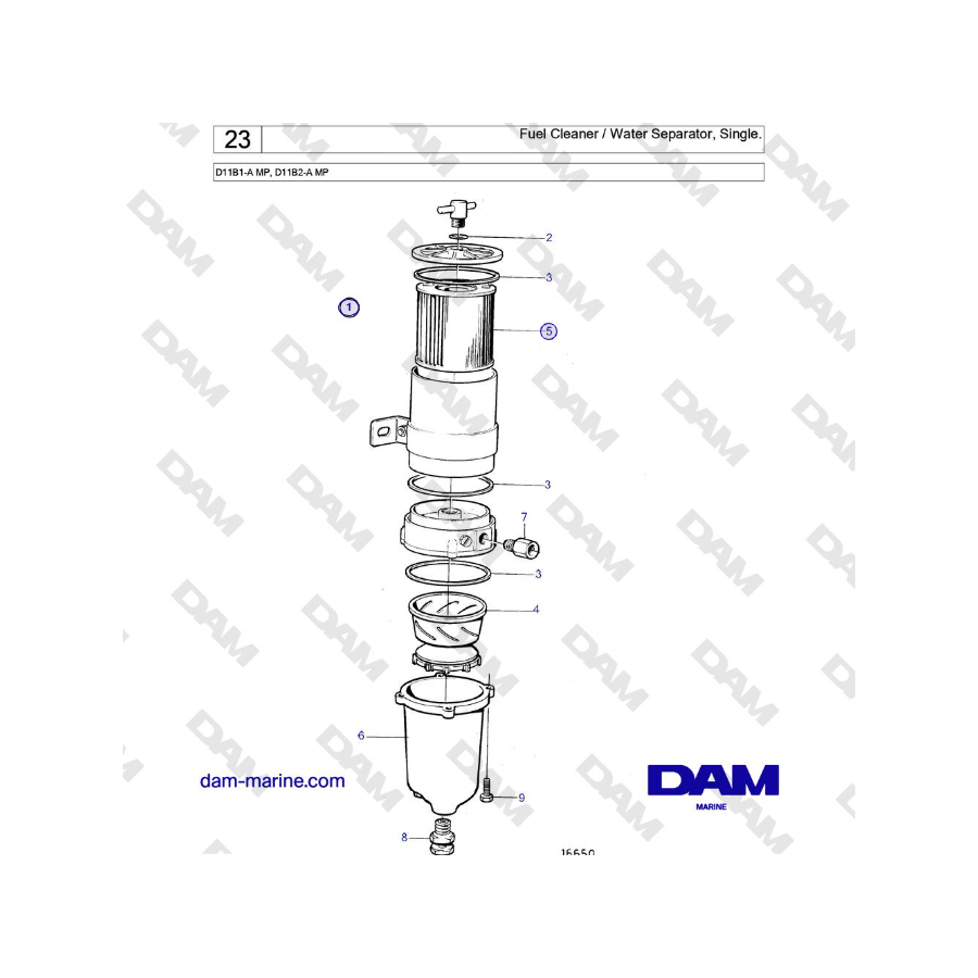 Volvo Penta D11B1-A MP, D11B2-A MP - Fuel Cleaner / Water Separator, Single.