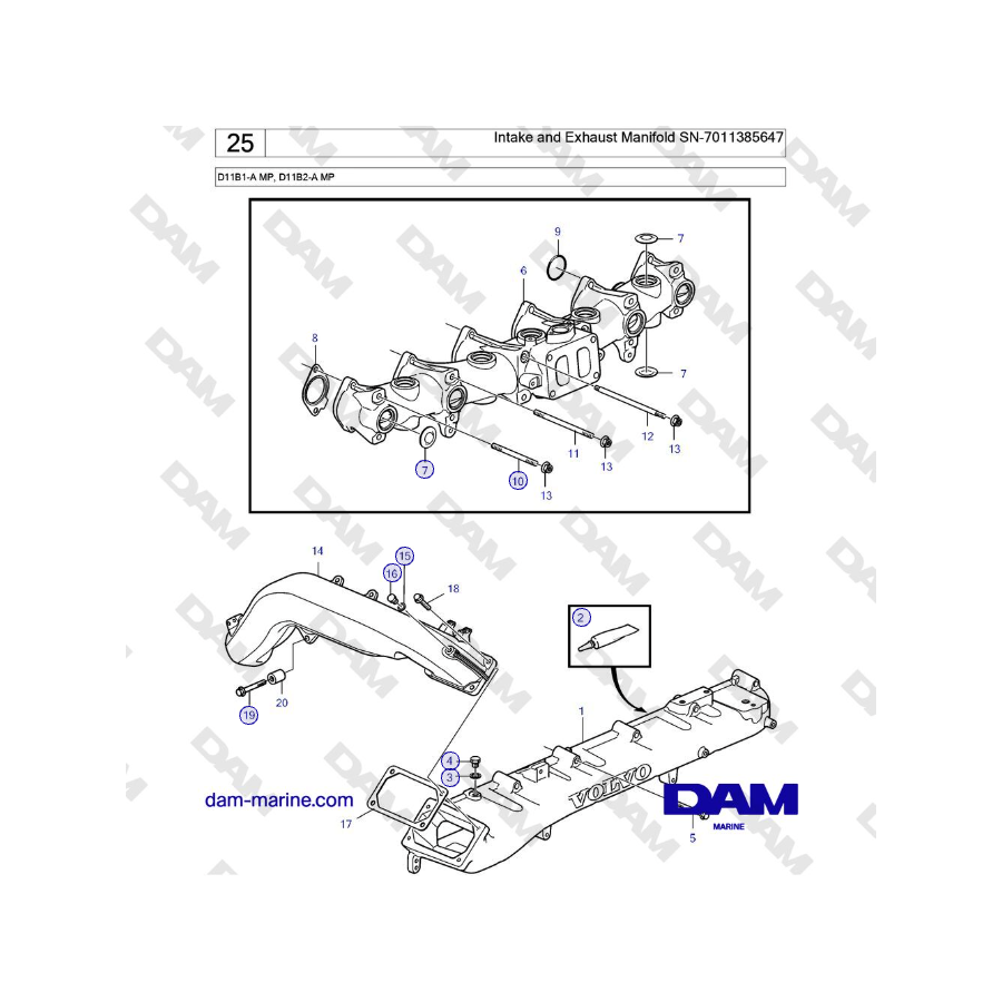 Volvo Penta D11B1-A MP, D11B2-A MP - Intake and Exhaust Manifold SN-7011385647