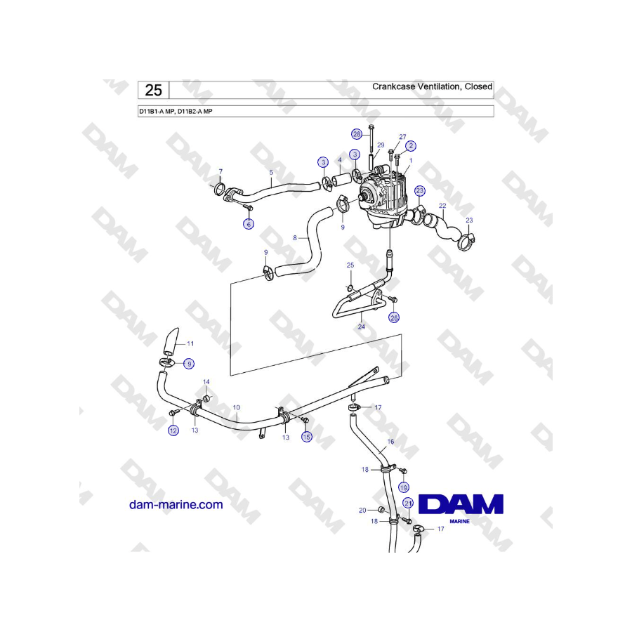 Volvo Penta D11B1-A MP, D11B2-A MP - Crankcase Ventilation, Closed