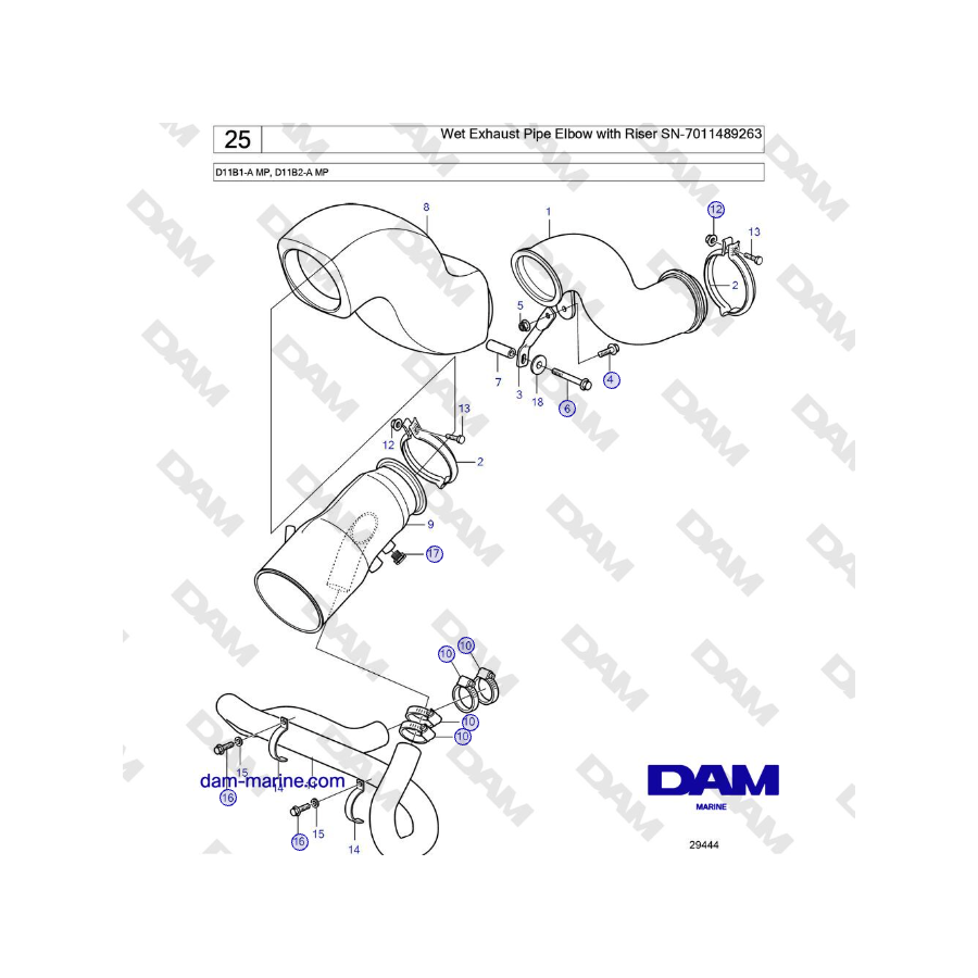 Volvo Penta D11B1-A MP, D11B2-A MP - Wet Exhaust Pipe Elbow with Riser SN-7011489263