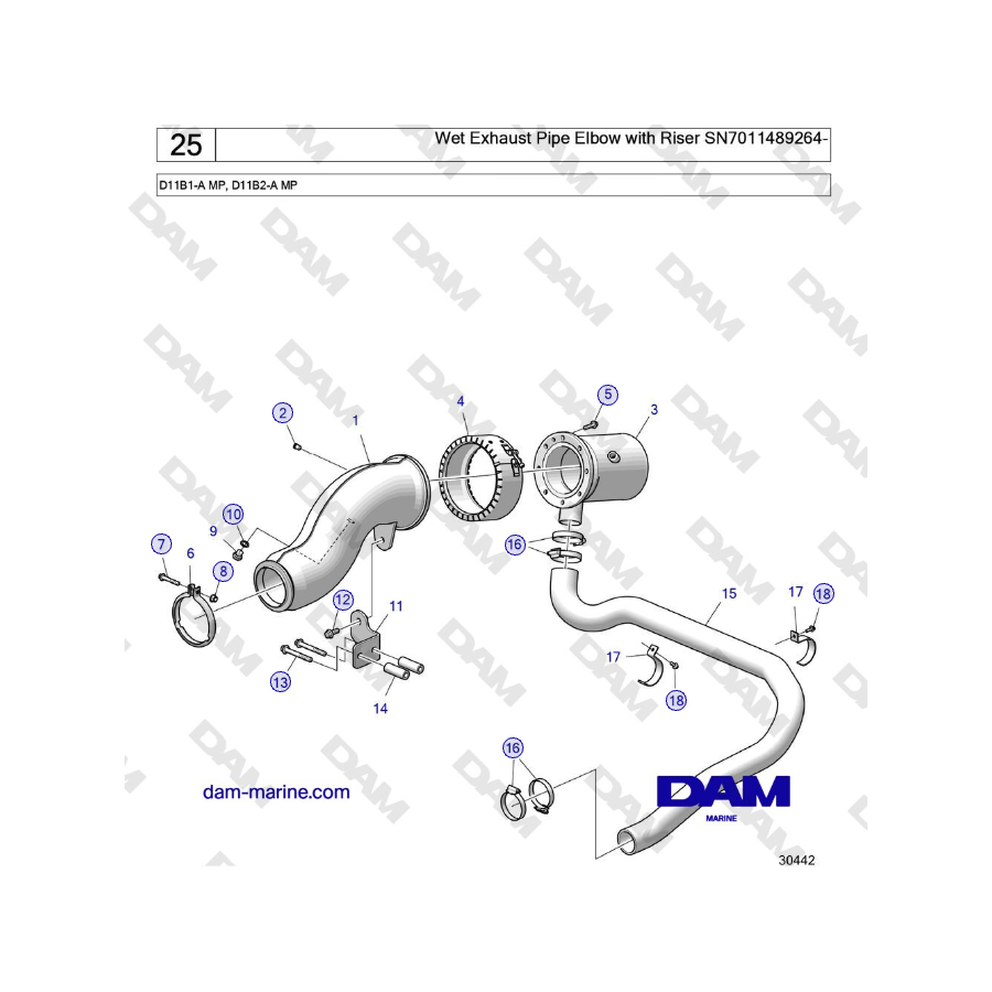 Volvo Penta D11B1-A MP, D11B2-A MP - Wet Exhaust Pipe Elbow with Riser SN7011489264-