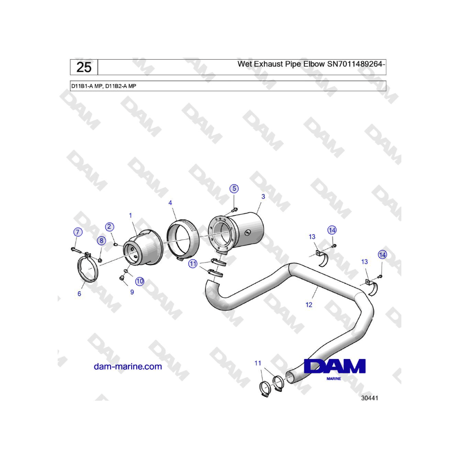 Volvo Penta D11B1-A MP, D11B2-A MP - Wet Exhaust Pipe Elbow SN7011489264-