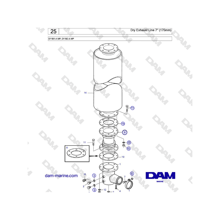 Volvo Penta D11B1-A MP, D11B2-A MP - Dry Exhaust Line 7'' (175mm)