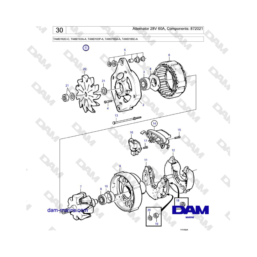 Volvo Penta TAMD162C-C, TAMD163A-A, TAMD163P-A, TAMD165A-A, TAMD165C-A - Alternator 28V 60A, Components