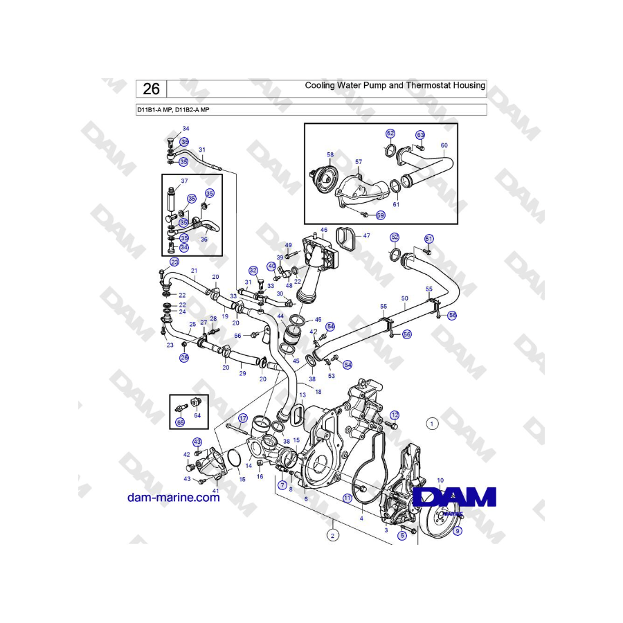 Volvo Penta D11B1-A MP, D11B2-A MP - Cooling Water Pump and Thermostat Housing