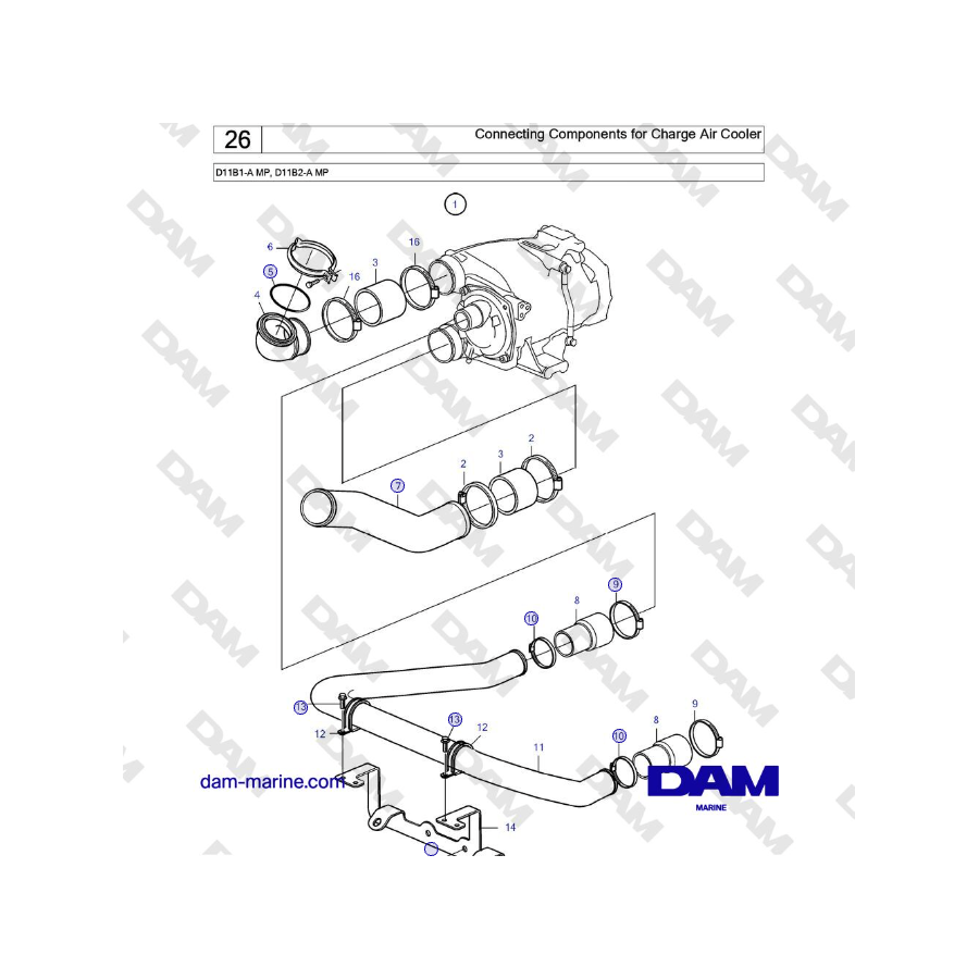 Volvo Penta D11B1-A MP, D11B2-A MP - Connecting Components for Charge Air Cooler