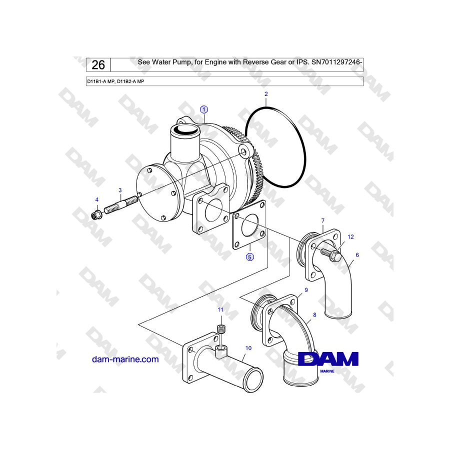 Volvo Penta D11B1-A MP, D11B2-A MP - See Water Pump, for Engine with Reverse Gear or IPS. SN7011297246-