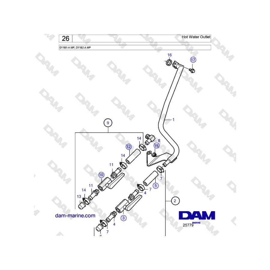 Volvo Penta D11B1-A MP, D11B2-A MP - Hot Water Outlet