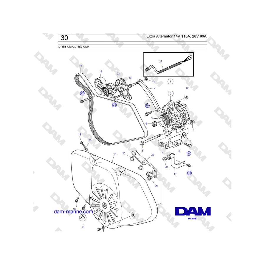 Volvo Penta D11B1-A MP, D11B2-A MP - Extra Alternator 14V 115A, 28V 80A