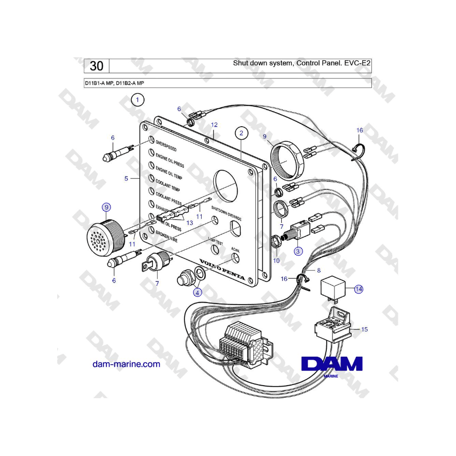 Volvo Penta Shut down system, Control Panel. EVC-E2 - D11B1-A MP, D11B2-A MP