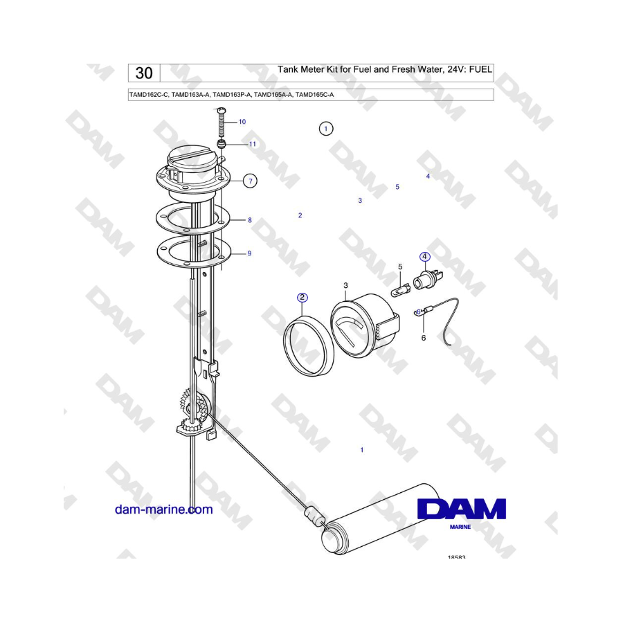 Volvo Penta TAMD162C-C, TAMD163A-A, TAMD163P-A, TAMD165A-A, TAMD165C-A - Tank Meter Kit for Fuel and Fresh Water, 24V: FUEL