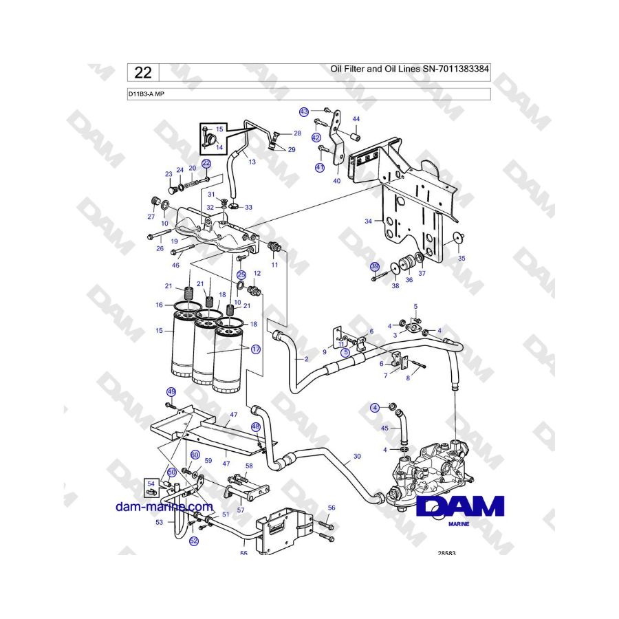 Volvo Penta D11B3-A MP - Oil Filter and Oil Lines SN-7011383384