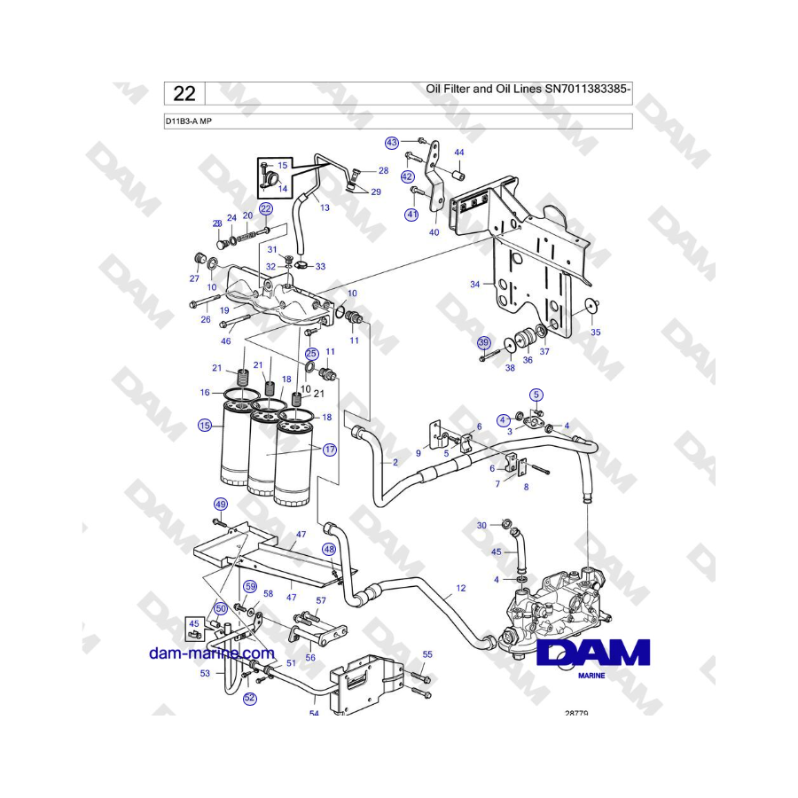 Volvo Penta D11B3-A MP - Oil Filter and Oil Lines SN7011383385-