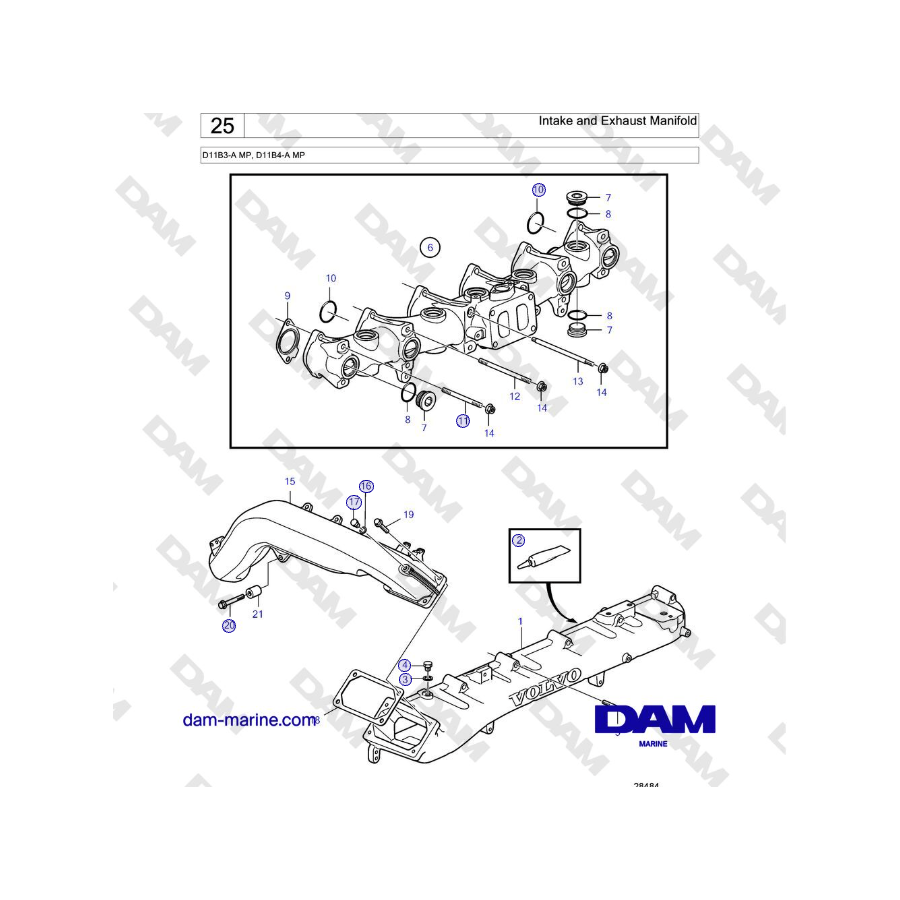 Volvo Penta D11B3-A MP, D11B4-A MP - Intake and Exhaust Manifold